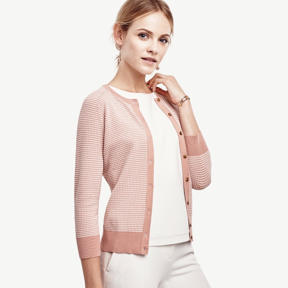 Ann Taylor Pink Geo 3/4 Sleeve Ann Cardigan